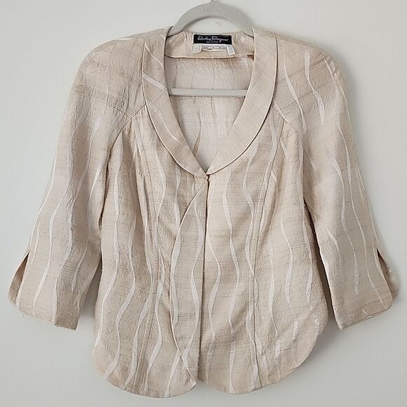 Salvatore Ferragamo Vintage Cream Silk Jacket Coat Blouse Cream Long Sleeve 8 E5